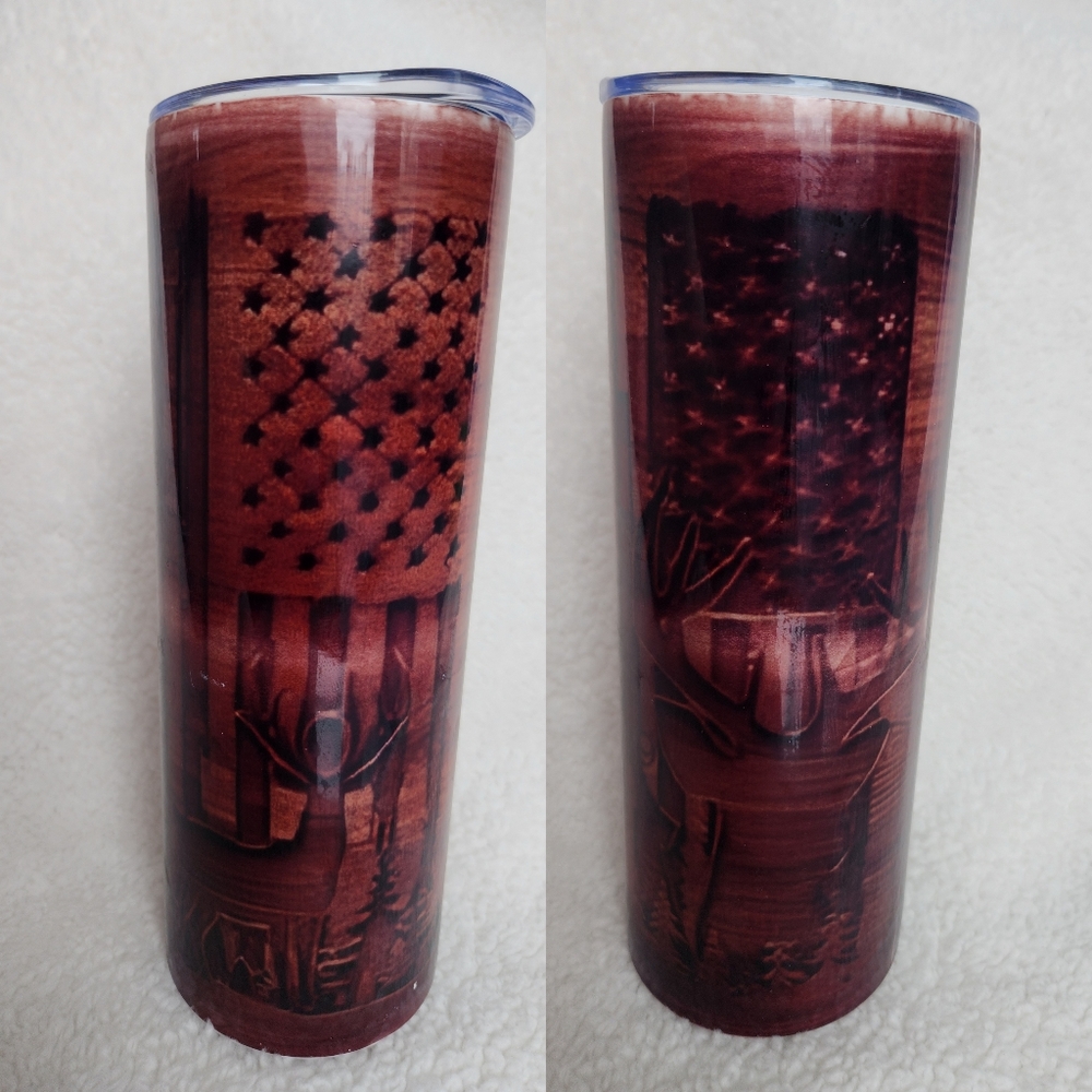 Wood grain styled deer, gun, American flag 20oz stainless steel tumbler